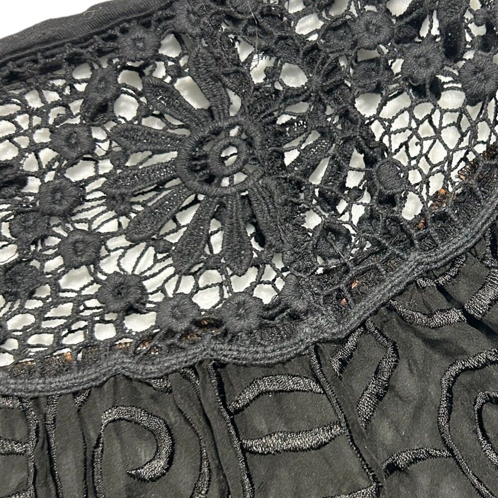 Language Womens Embroidered Tunic Top Lace Yoke 3/4 Sleeve Silk Blend Black Sz S - Picture 5 of 14